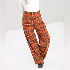 Hell Bunny Tawny Plaid Wide Leg Trousers - Orange - XS